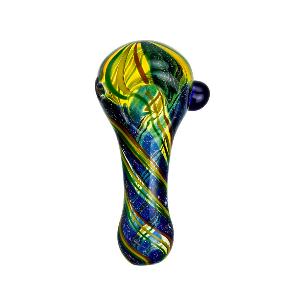 G-Spot Glass Spoon Pipe - Color Stripes and Blue Dichro on Clear Glass - Top view