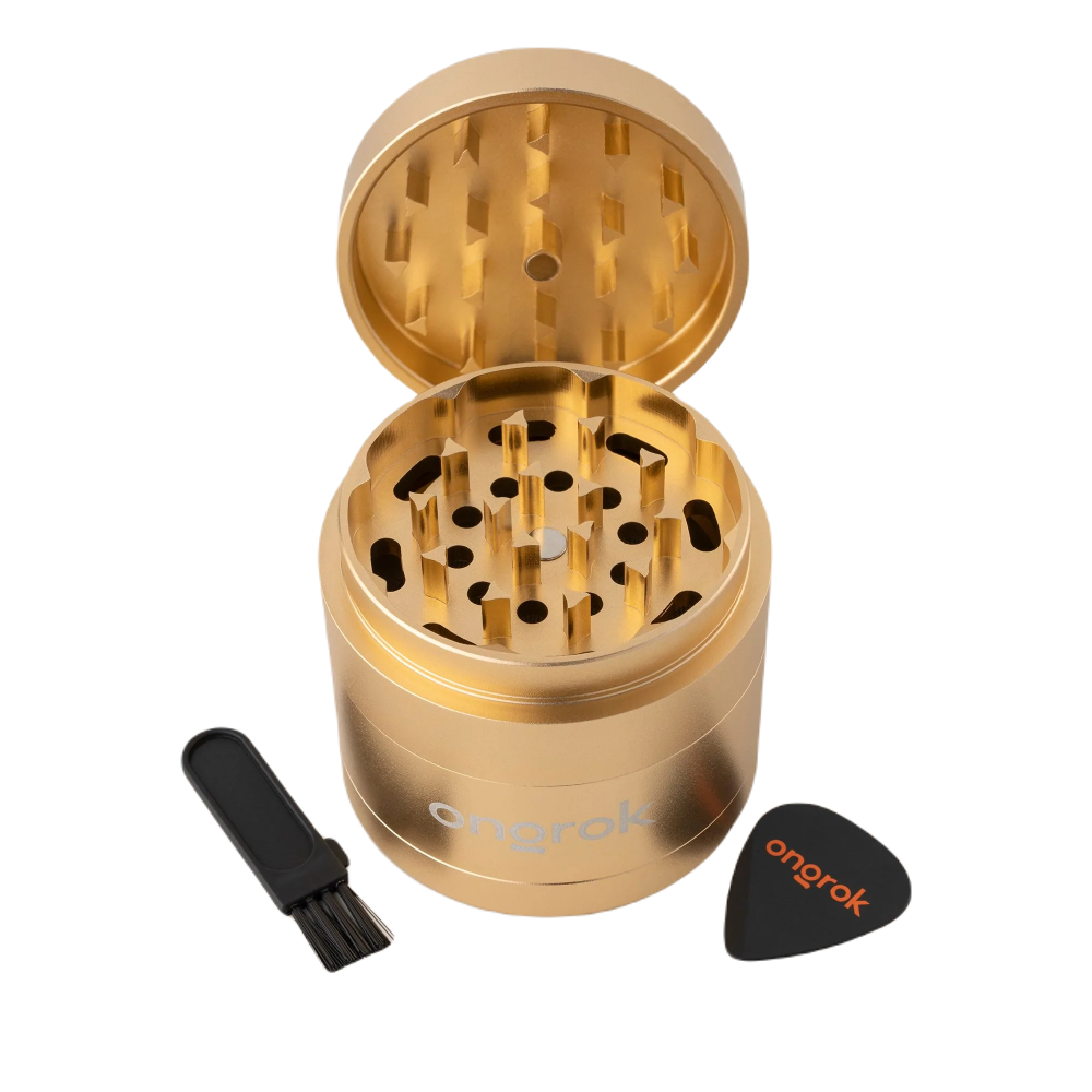 ONGROK 4 Piece EZ Grinder | Gold | With brush and scraper tool