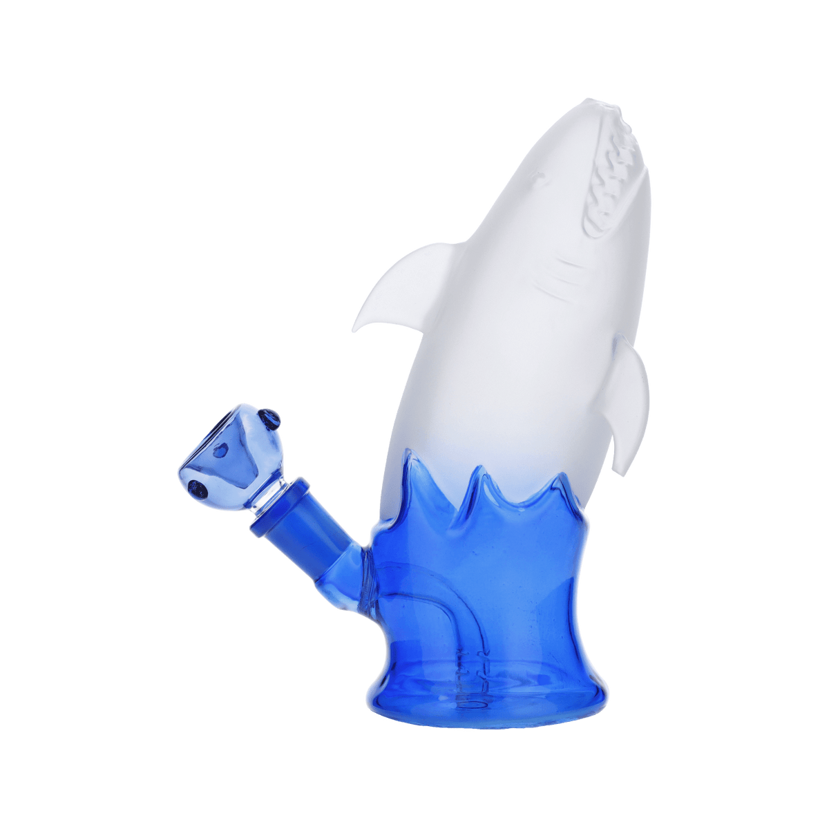 A three-quarter view of the Shark Attack Bong, a clear glass water pipe shaped like a shark’s head.