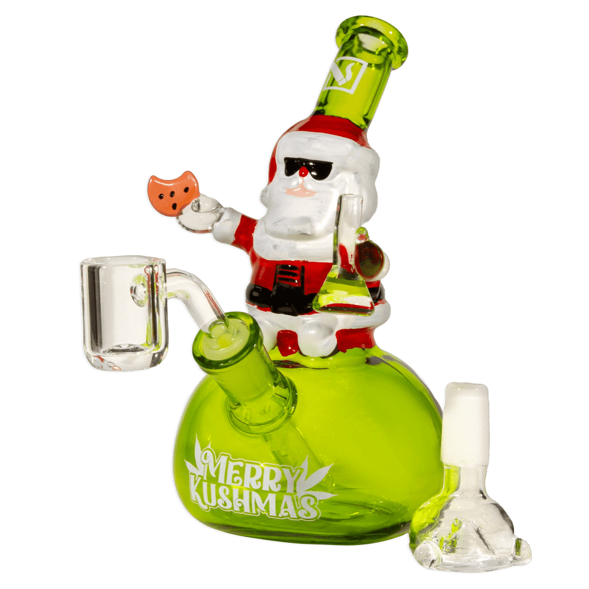 Close-up three-quarter view of the lime-green Smokin' Santa Bong featuring a Santa figure holding a cookie and wearing sunglasses atop the round body.