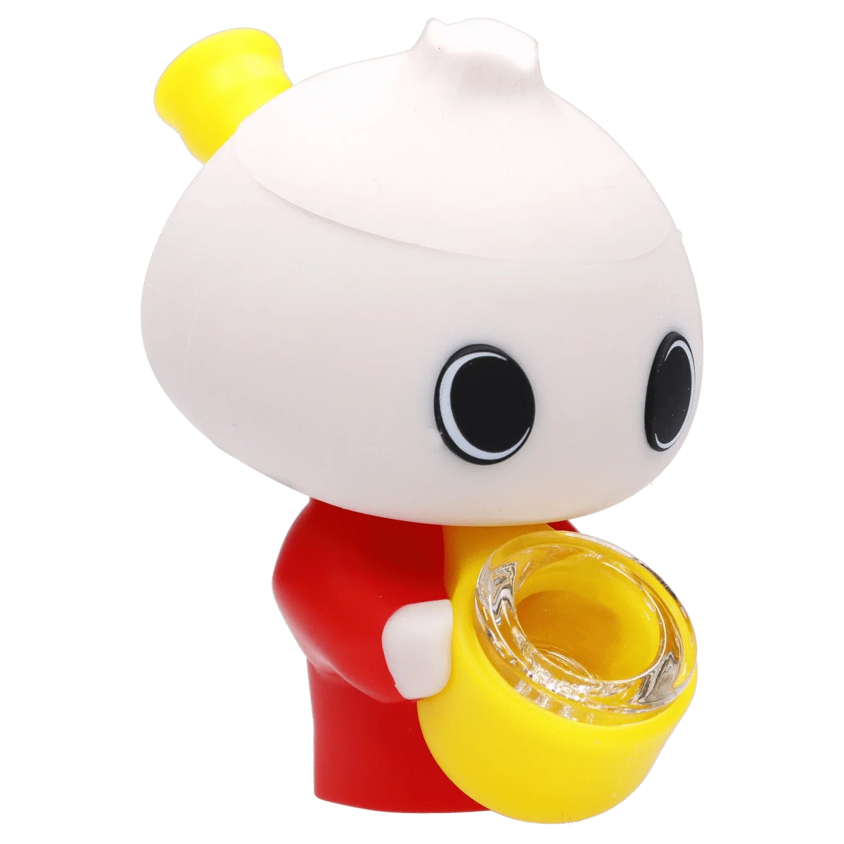 Three-quarter view of the Dumpling Silipipe character figure holding a yellow bowl, showing its white head, large black eyes, red body, and glossy glass bowl.