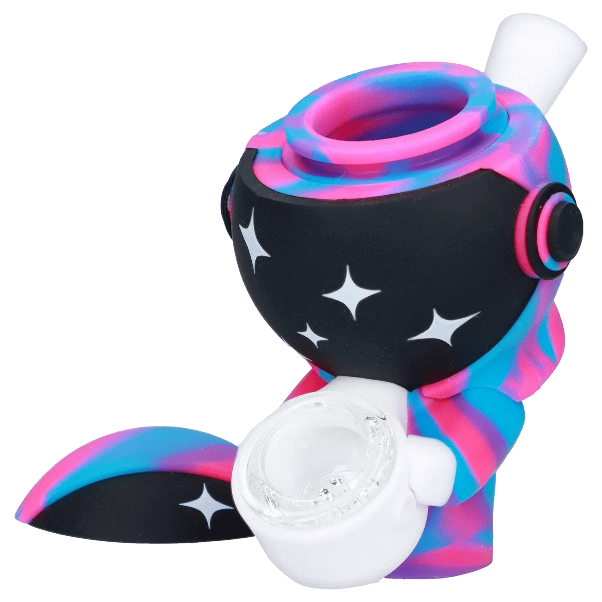 Close-up angled view of the Astronaut Silipipe showing its pink-and-blue swirled helmet and black visor decorated with white star shapes.