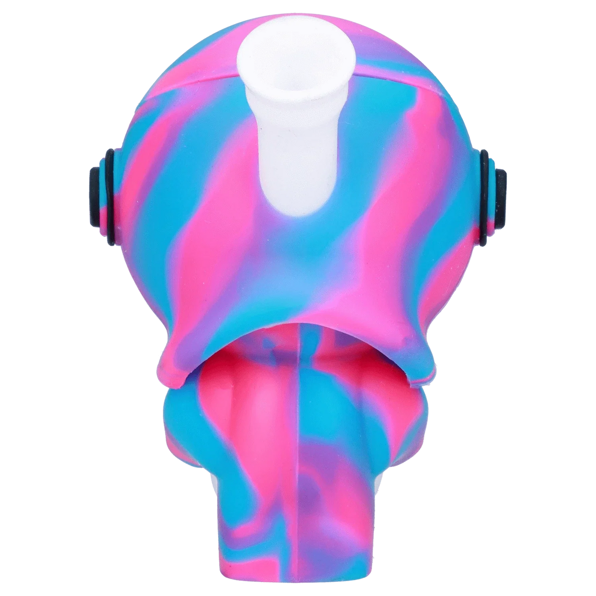 Top-down close-up of the Astronaut Silipipe showing its swirled pink and blue silicone helmet and white central mouthpiece.