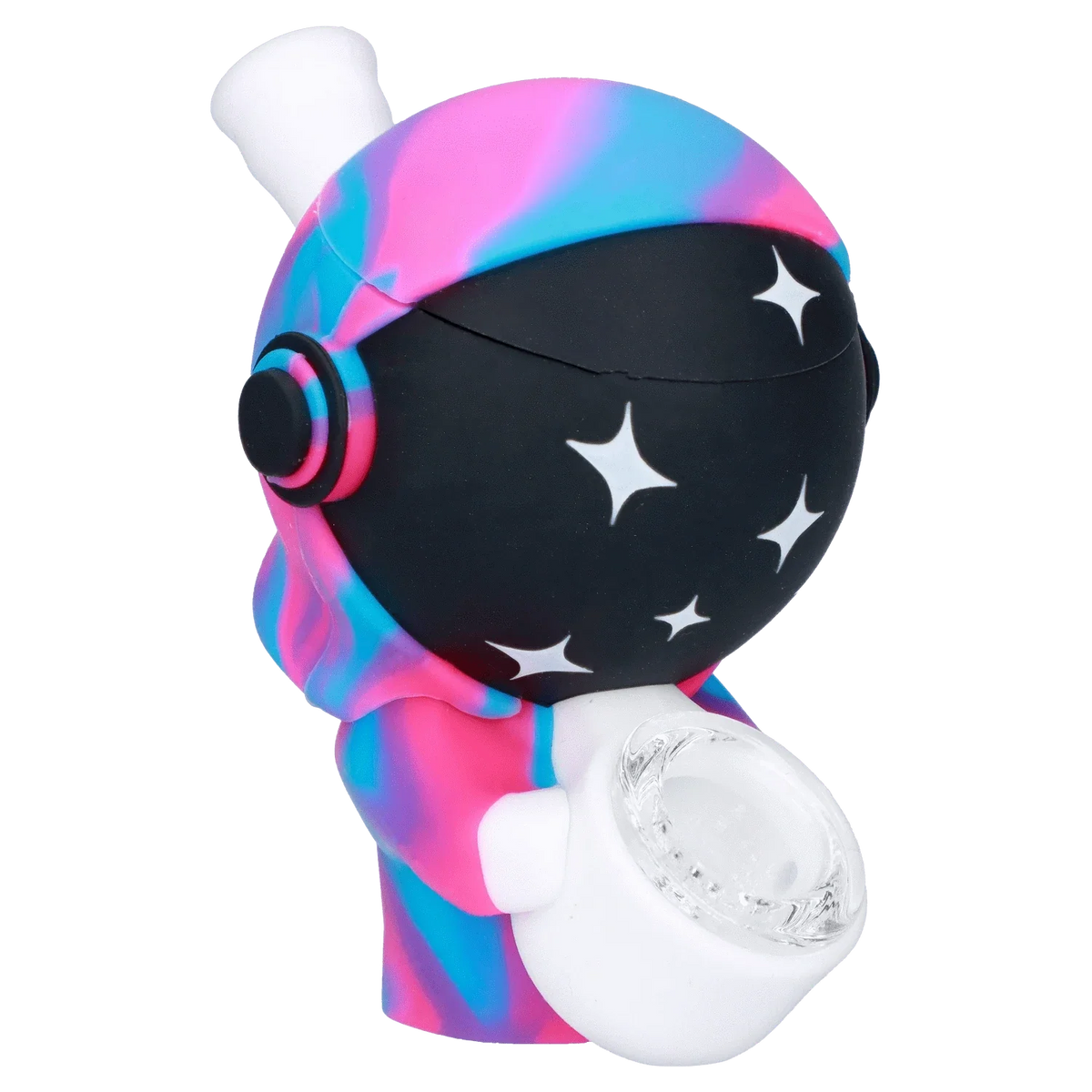 Close-up three-quarter view of the Astronaut Silipipe showing its black star-studded helmet and swirled pink-and-blue silicone suit while holding a white glass bowl.
