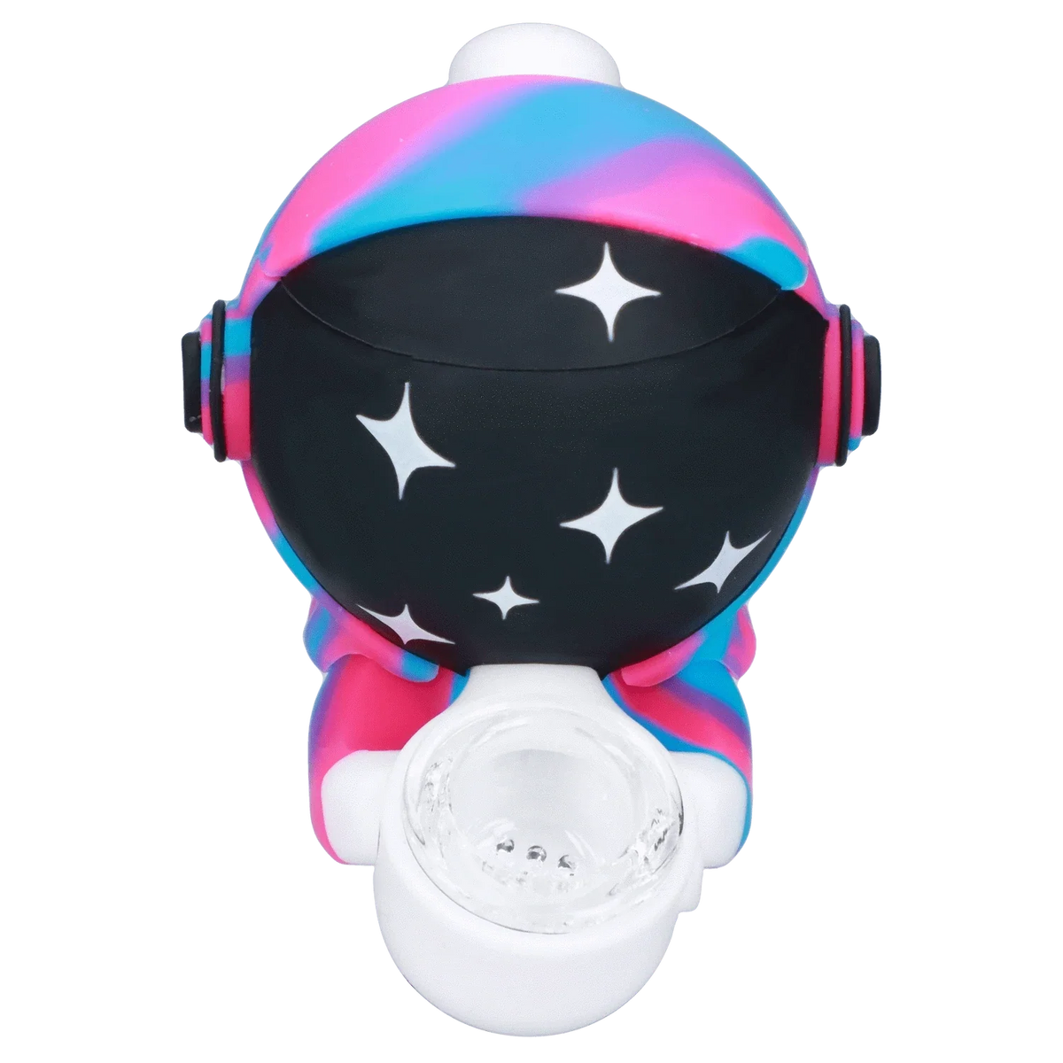 Top-down view of the Astronaut Silipipe showing a black visor with white star shapes and a swirled pink-and-blue helmet.