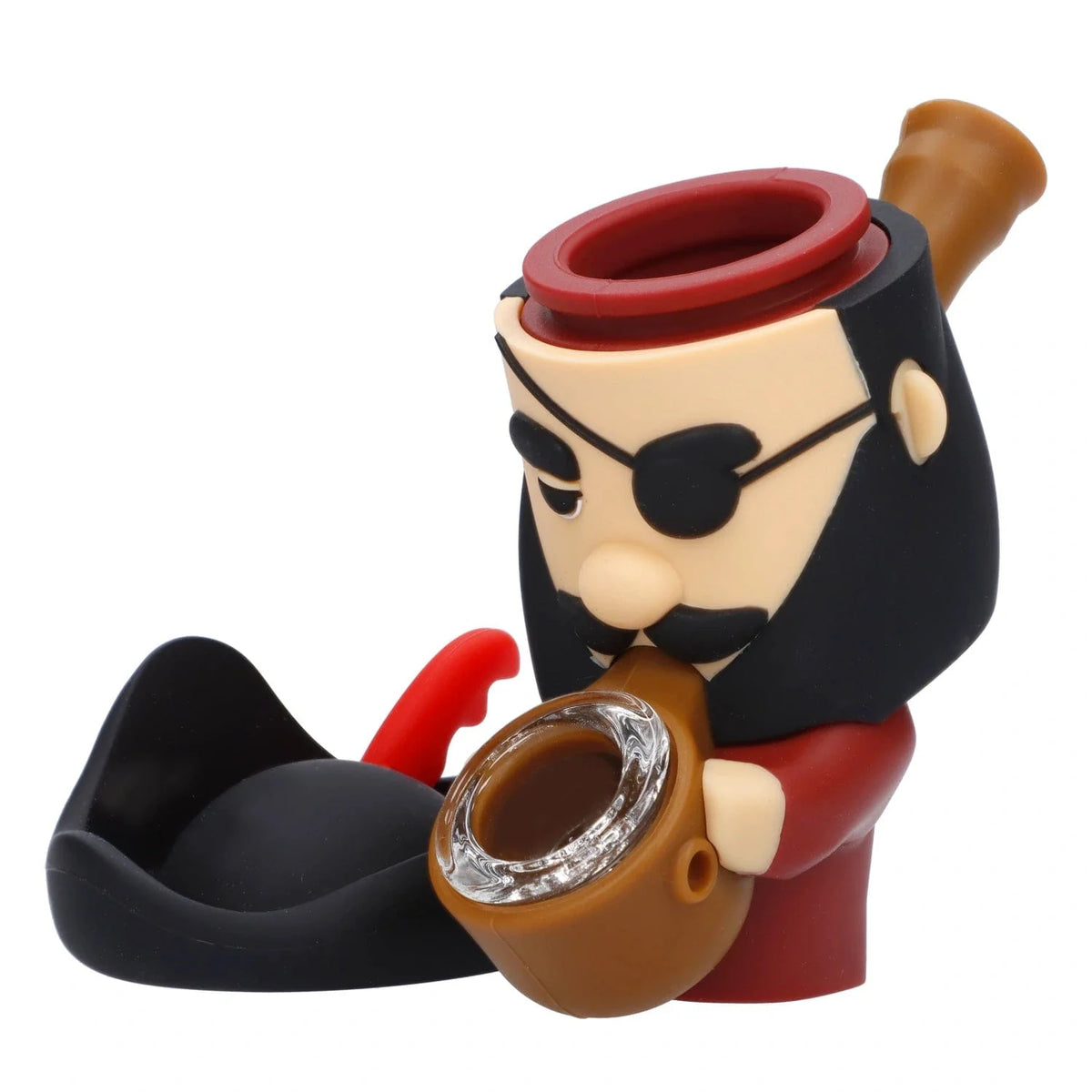 Front view of the Blackbeard Pirate Silipipe, a red and black sculpted pipe resembling a pirate’s head in profile.