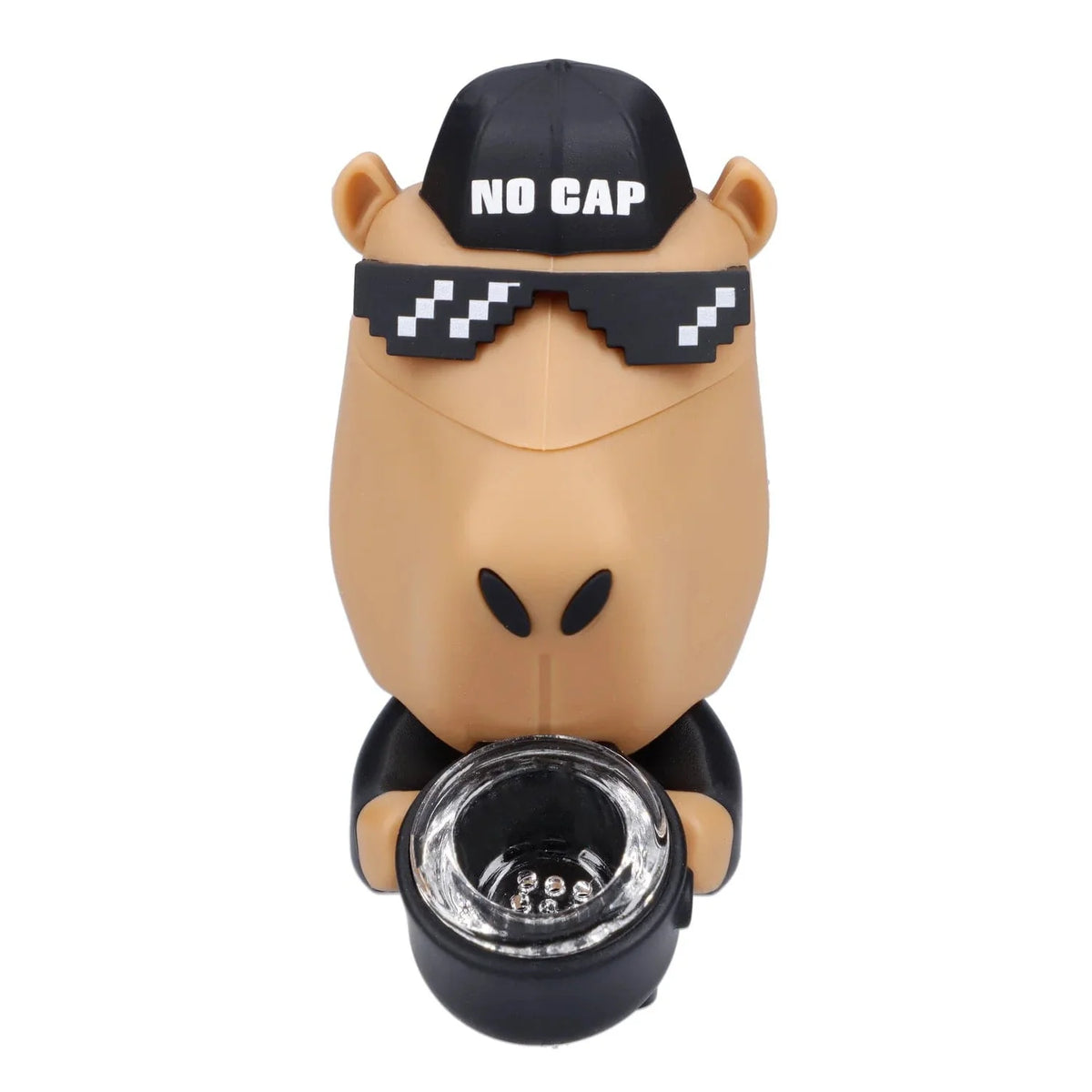 Front view of the Capybara Silipipe, a cream-colored, cartoon-style pipe shaped like an animal wearing sunglasses.