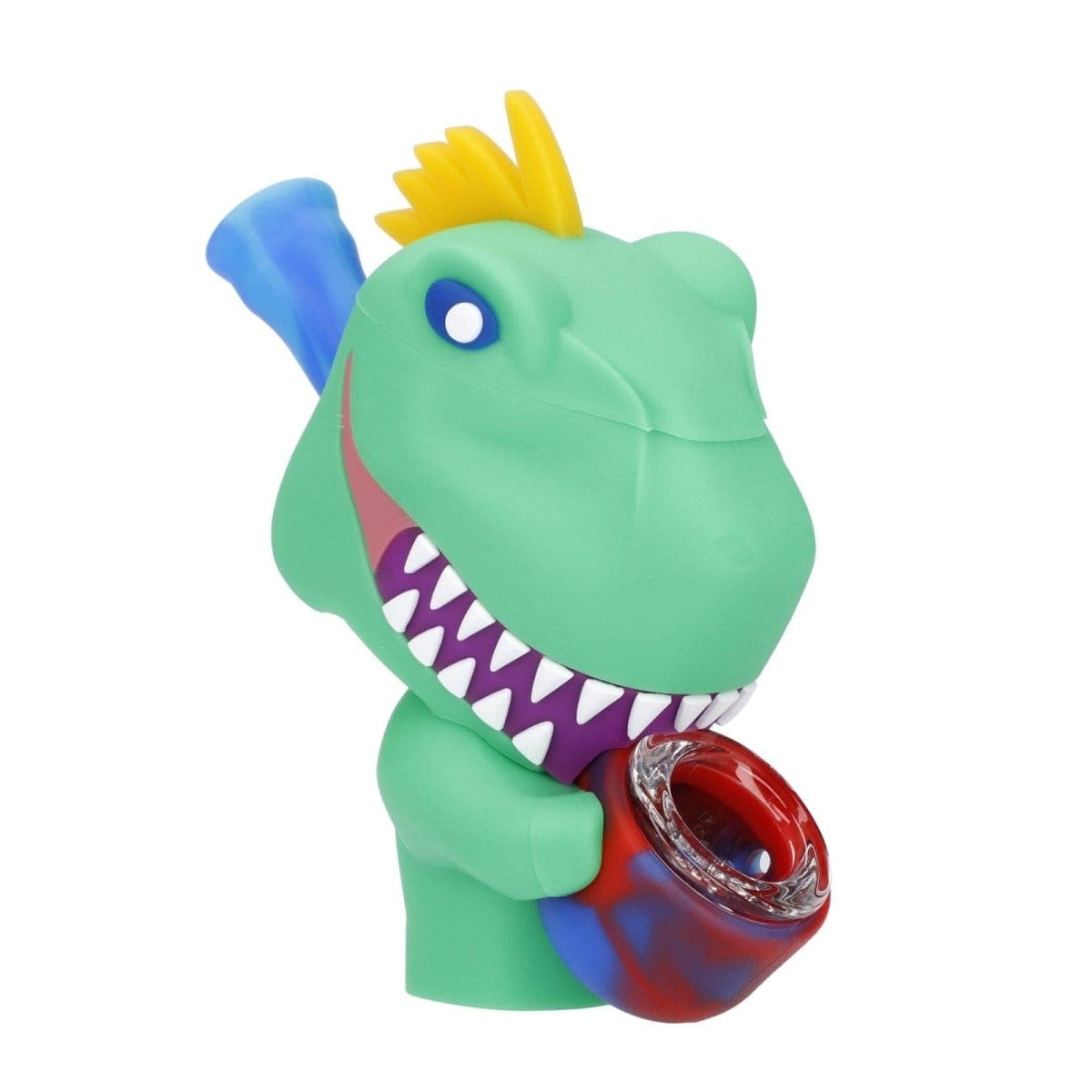 A close-up, angled view of the Dino Silipipe, showcasing its vibrant green color and uniquely sculpted design.