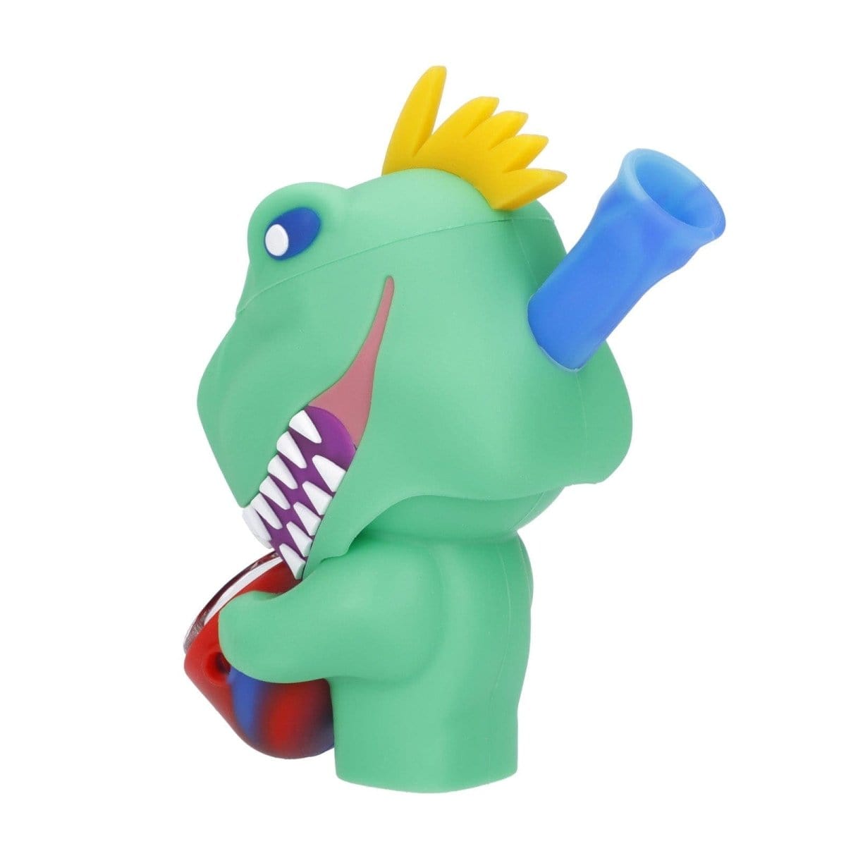 Front view of the Dino Silipipe, a green, dinosaur-shaped pipe with a blue mouthpiece and colorful accents.
