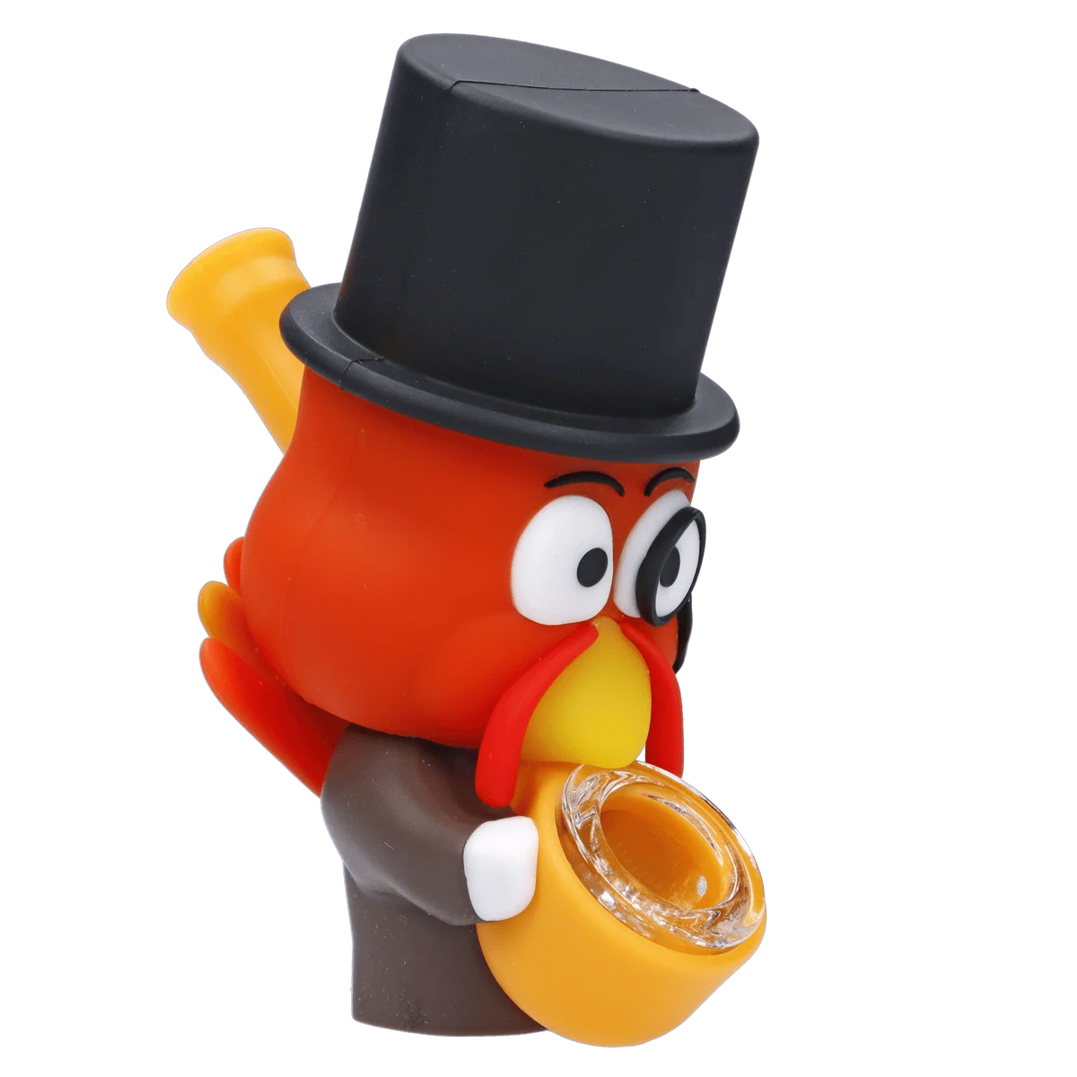 A side view of the Fancy Turkey Silipipe Hand Pipe, a sculpted ceramic pipe resembling a turkey wearing a top hat.
