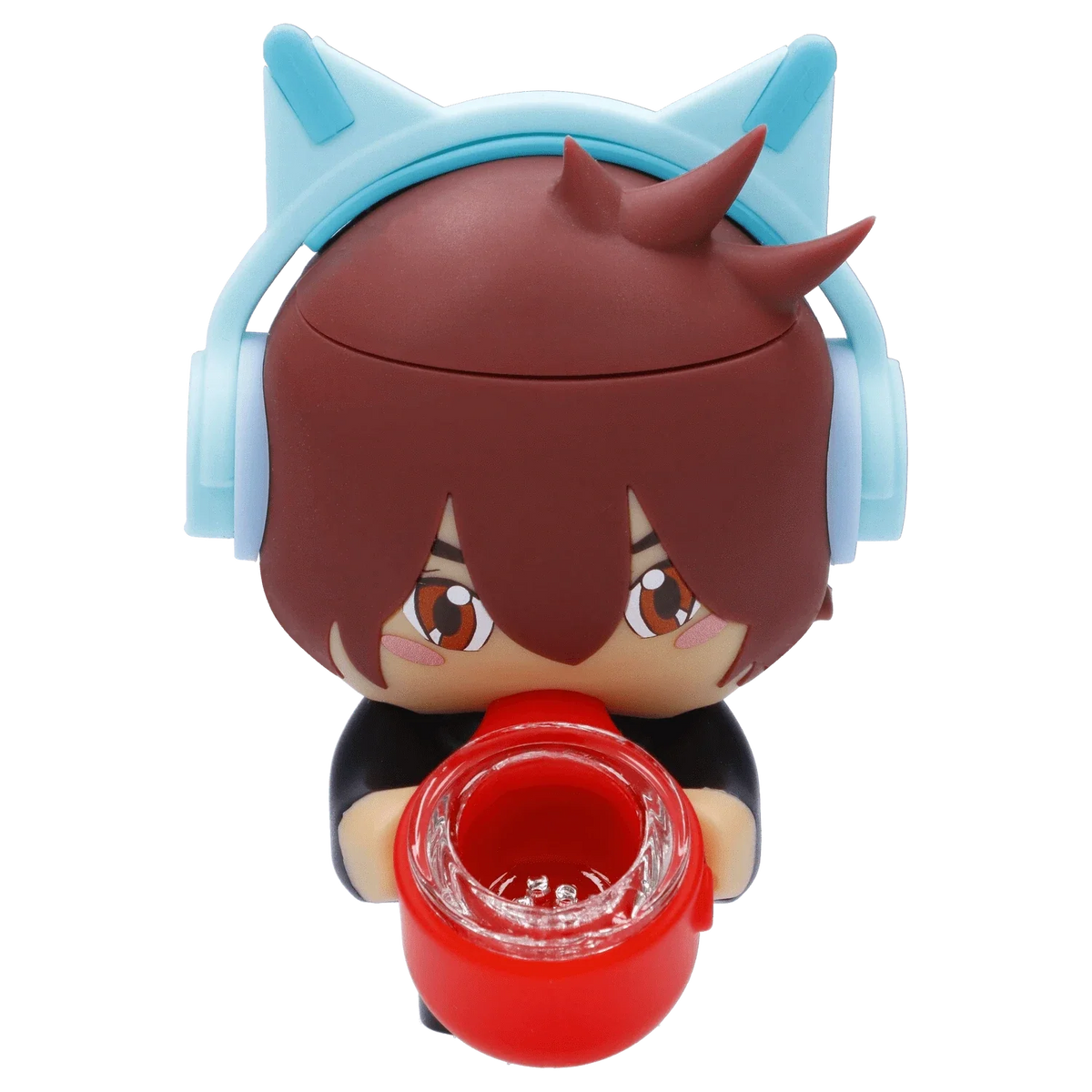 Close-up front view of the Gamer Silipipe character with brown hair and blue cat-ear headphones holding a red pipe toward the camera.