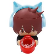 Close-up front view of the Gamer Silipipe character with brown hair and blue cat-ear headphones holding a red pipe toward the camera.