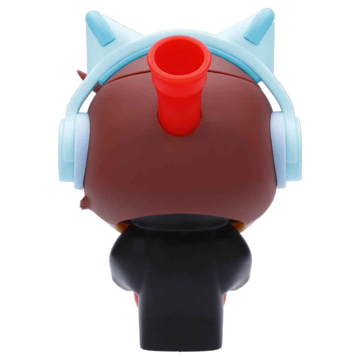 Rear close-up of the Gamer Silipipe showing its brown head with pale blue cat-ear headphones and a central red mouthpiece.