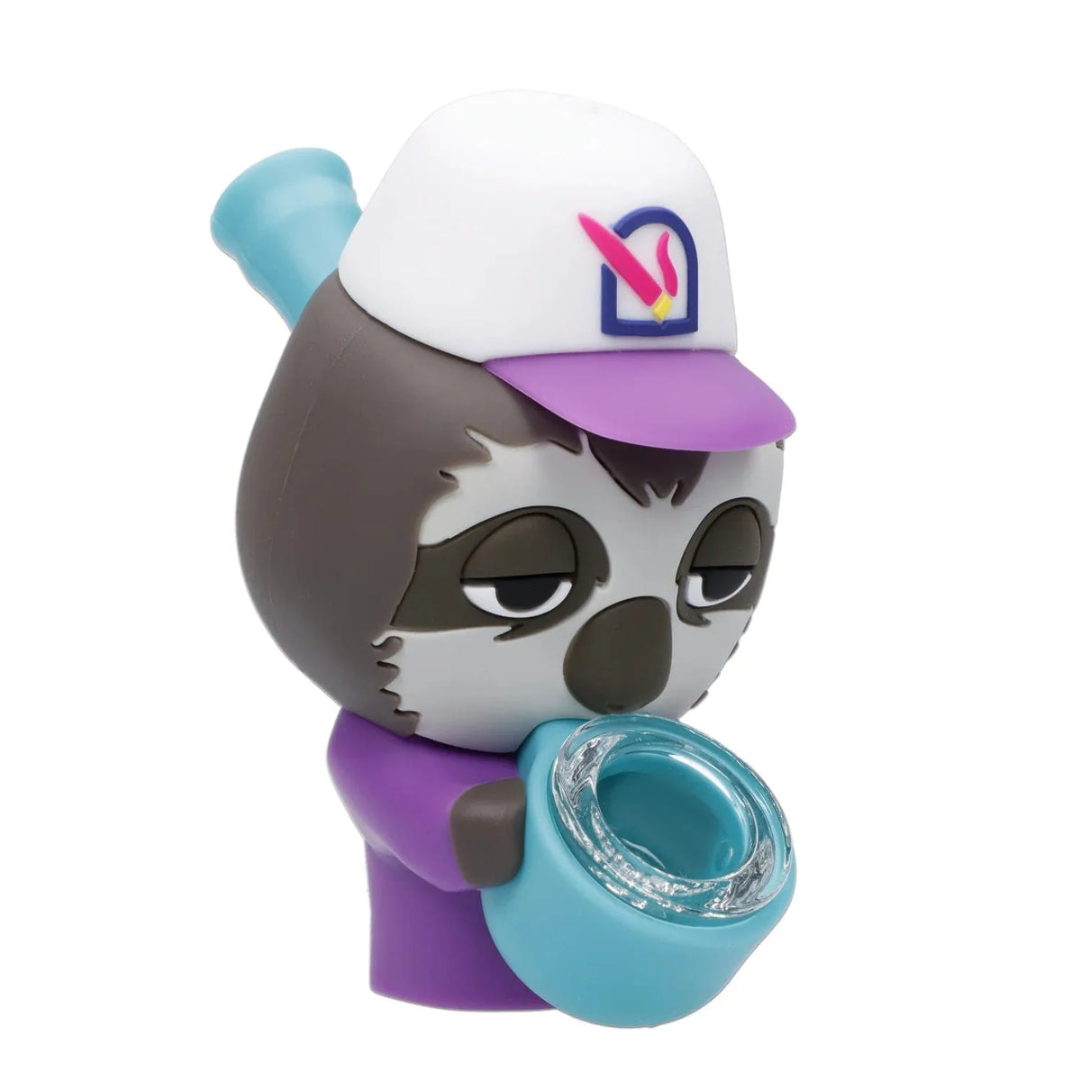 Front view of the Glow in the Dark Sloth Silipipe with a blue hat and purple base against a white background.