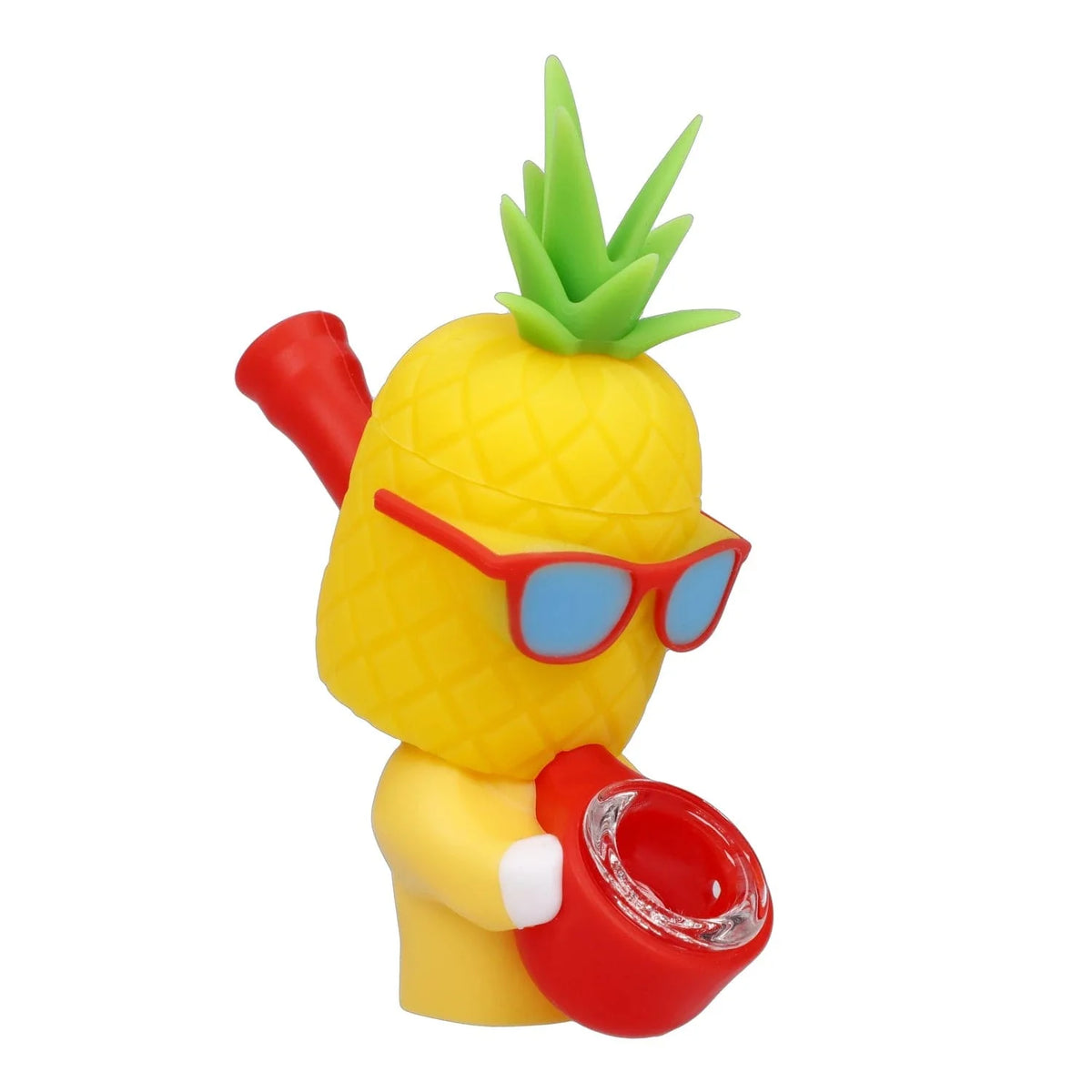 Front view of the Party Pineapple Silipipe, a bright yellow pipe shaped like a pineapple and wearing red sunglasses.