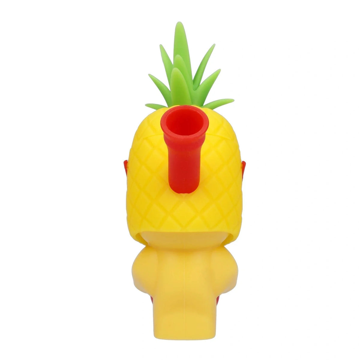 Front view of the Party Pineapple Silipipe, a yellow, pineapple-shaped pipe with a red mouthpiece and green leafy top.