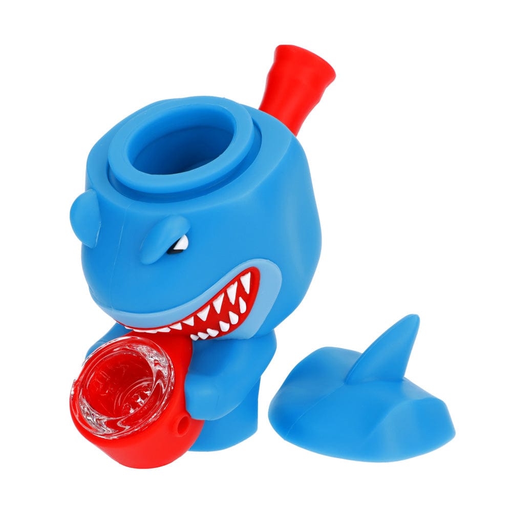 Front view of the Shark Silipipe, a blue, cartoonish pipe shaped like a shark head with an open mouth.