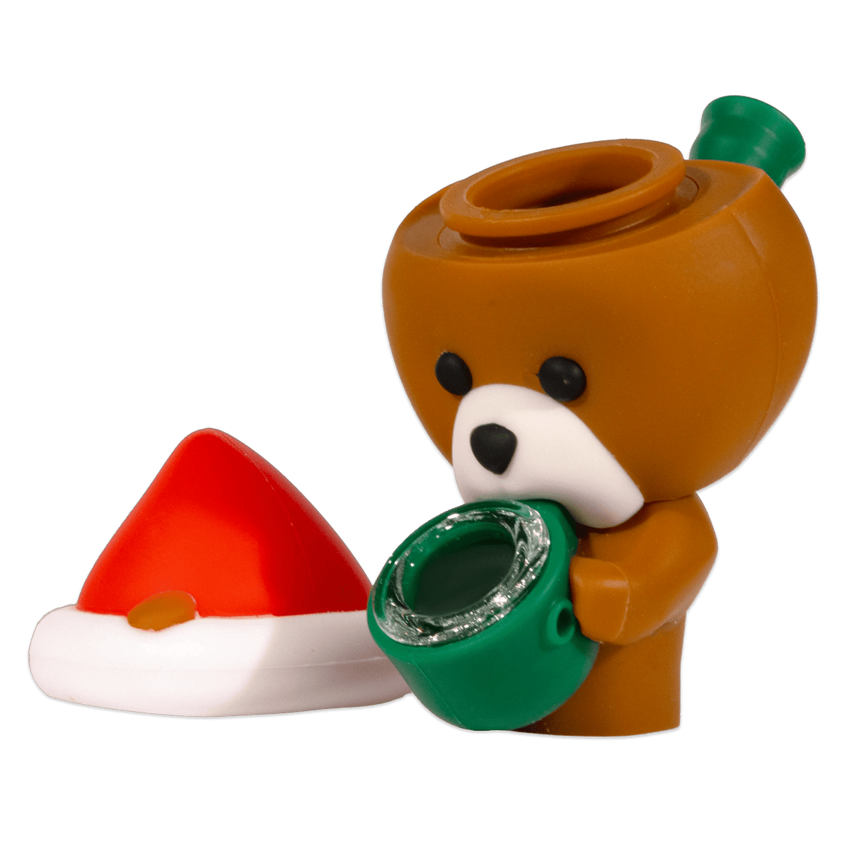 Close-up three-quarter view of the Teddy Bear Silipipe holding a green bowl next to a red-and-white hat.