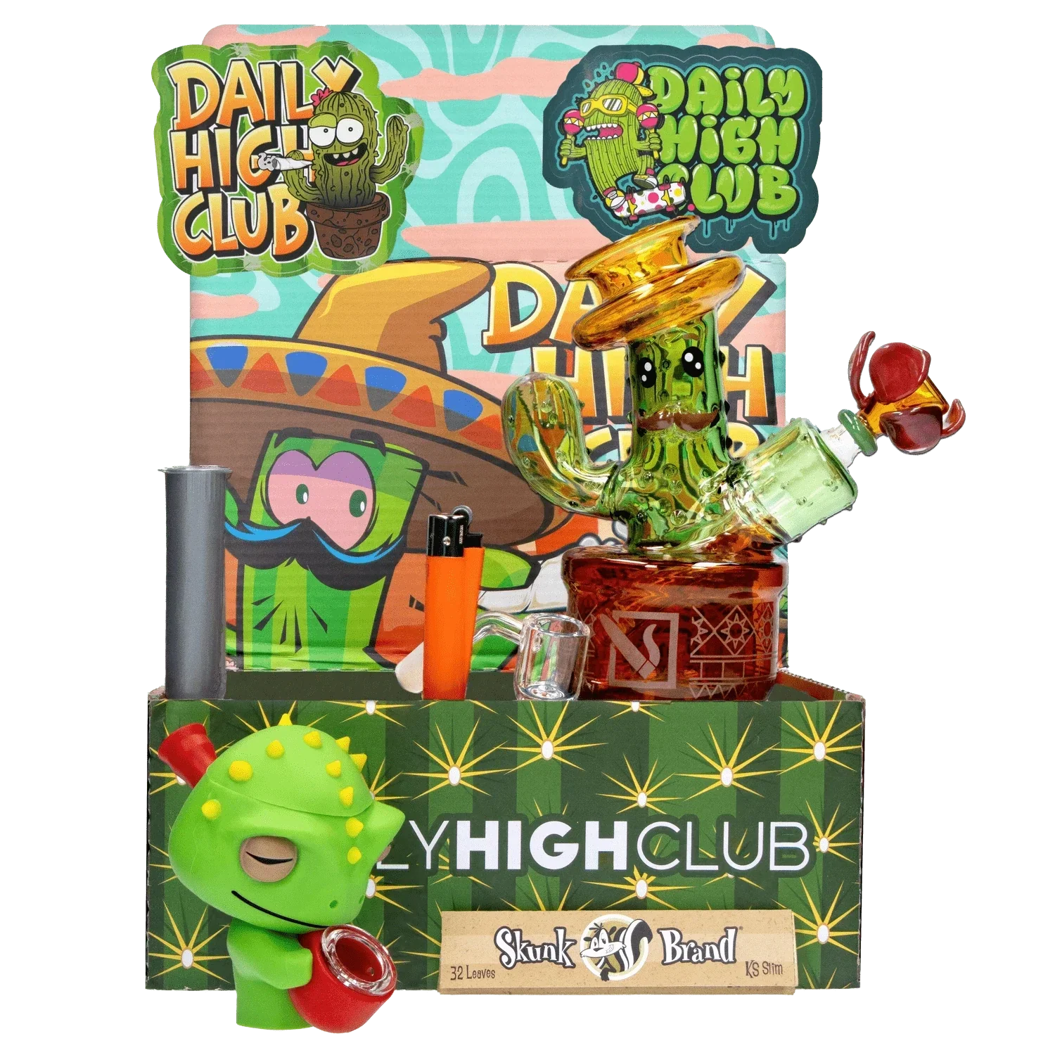 Front three-quarter view of the "Dank Desert" Smoking Box showing a green cactus-shaped glass piece with a brown base and colorful branded backdrop.