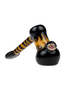 G-Spot Glass Hammer Bubbler Pipe - Yellow and Orange Reversals and Large Flower Marble - Side view 1