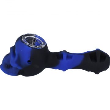 Silicone 2 in 1 Skull Pipe with Metal Dab Tool | Blue Black | Side view  1