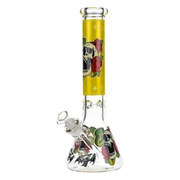 Beaker Ice Bong with Glow in the Dark Snake and Skull Print | Yellow | Side view 1